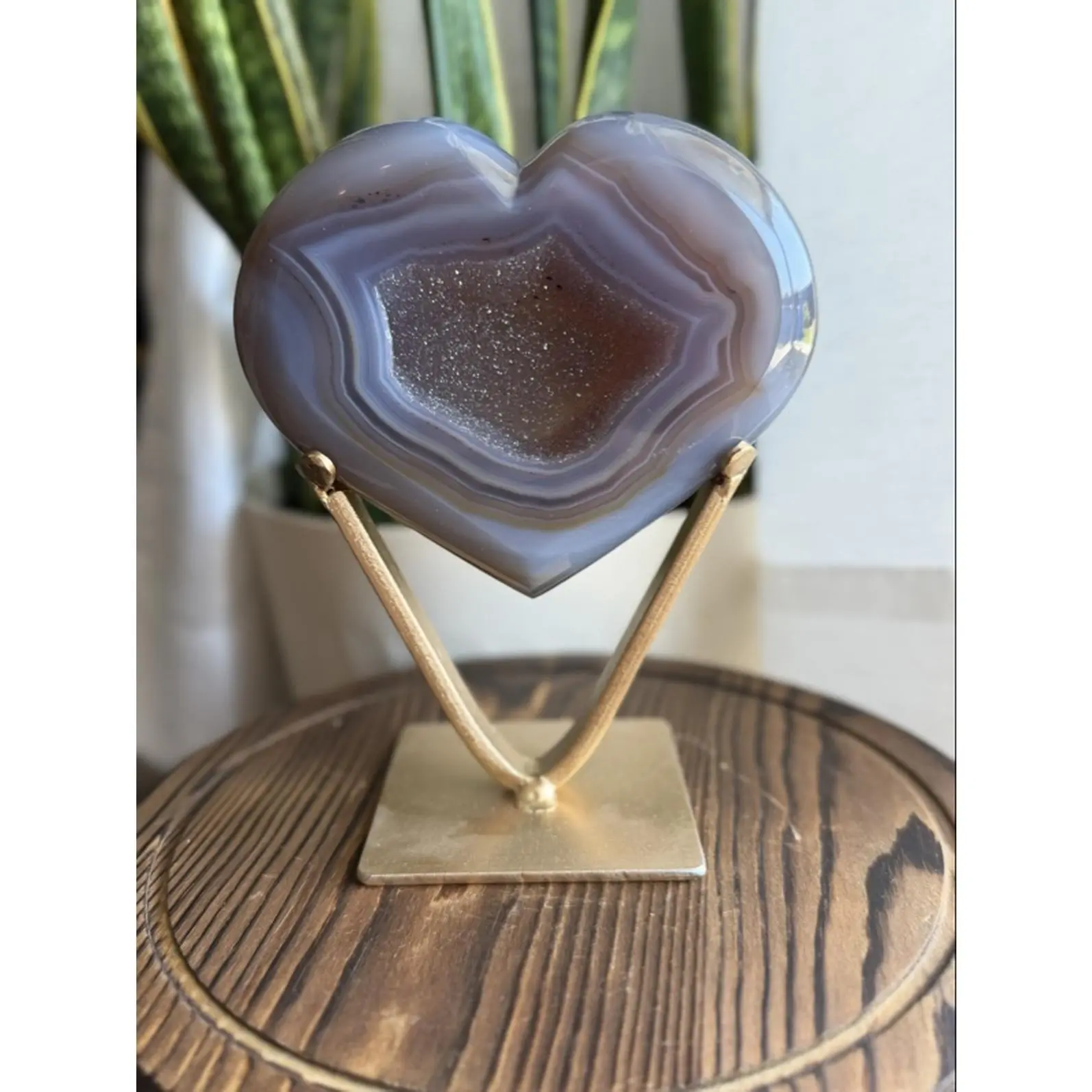Druzy Agate from Brazil with Golden Colored Stand - Heart Shape Decorative Piece