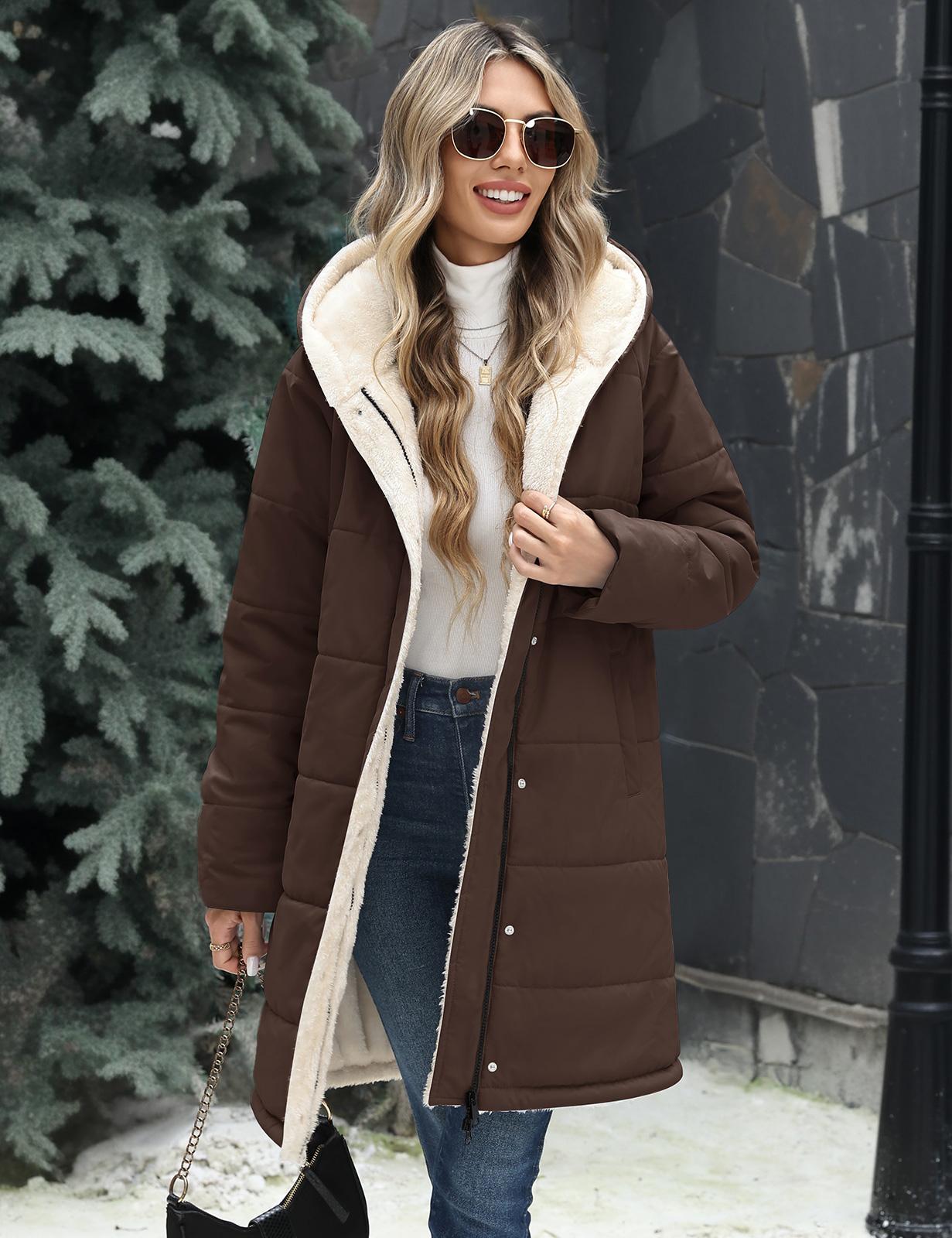 UMIPUBO Women's Long-Sleeve Casual Fit Faux Sherpa Lined Hooded Puffer Parka, Warm Quilted Full-Zip Everyday Winter Outer Coat with Pockets, Stylish Design, Jackets