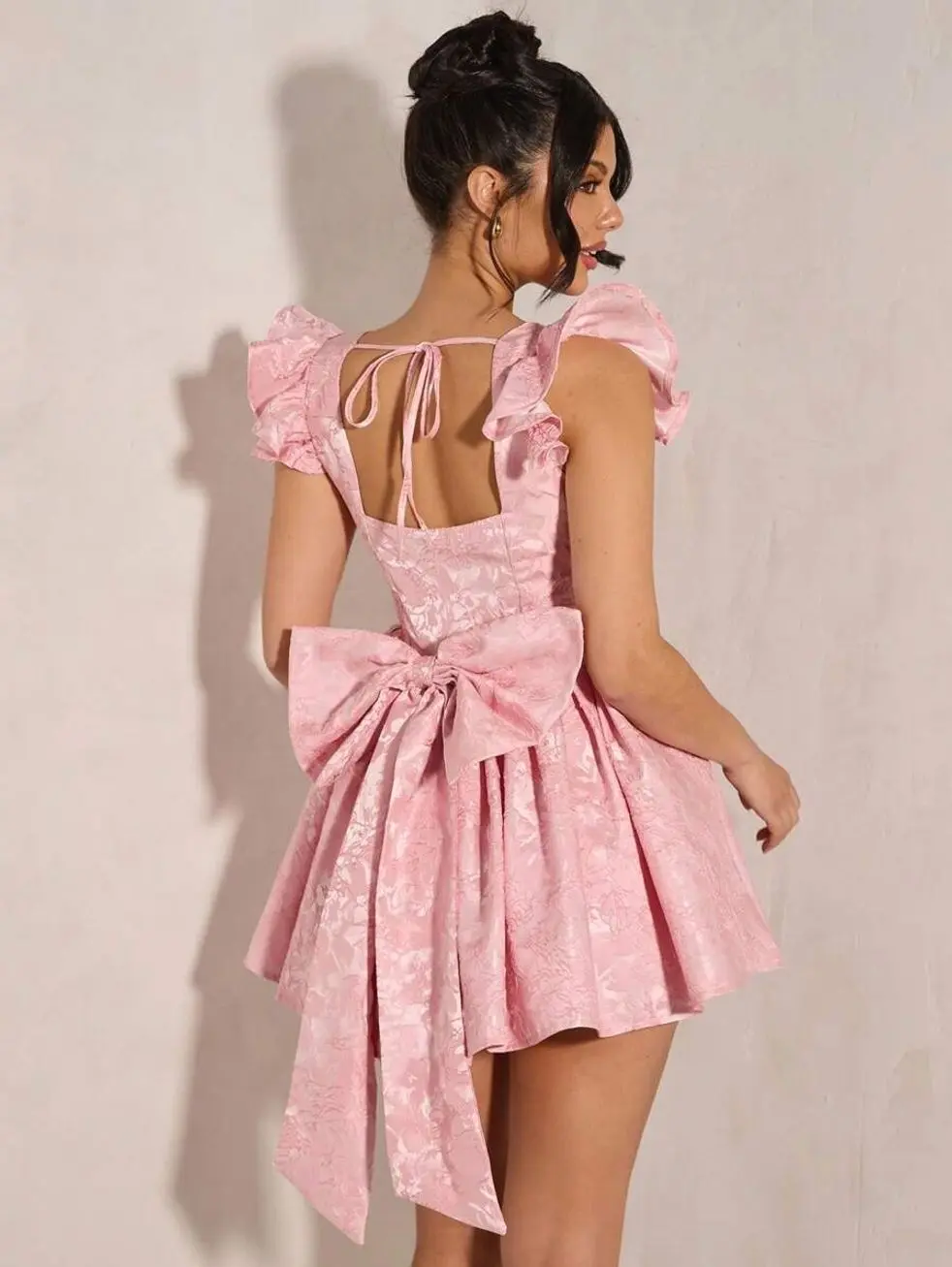 Pink Jacquard Square Neck With Bow Back Mini Dress, Pastel Dresses For Women