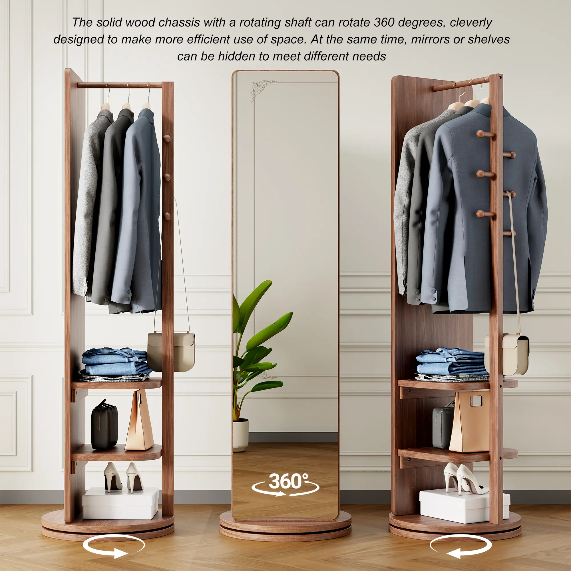 360° Rotating Multifunctional Full Length Floor Mirror Coat Rack with Hook Storage Rack, 69x20in Rubberwood Freestanding Dressing Mirror, Space Saving Standing Mirror Organizer for Bedroom Living Room Cloakroom Entryway Home Gym Corridor Clothing Store