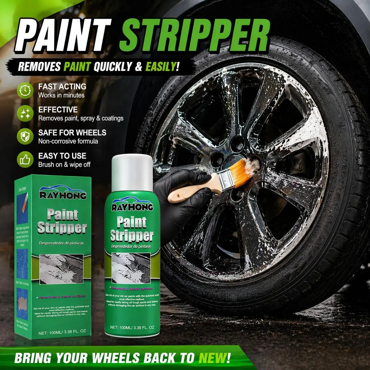 Car Wheel Paint Remover Spray - Consumable Automotive Detailing Stain Remover Spray for Surface of Car Metal Rims, Brake Dust & Old Paint Removal with Deionized Water (Suitable for Bulk Purchase)