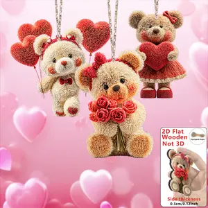 15pcs Valentine's Day Plush Bear Wooden Pendant, Cute Bear Pendant for Home Furnishings Office Classroom Decoration, Valentine's Day Party Event Supplies Engagement or Wedding Arrangements, Simulated Tree Pendant Gift Giving Logo, Bear Ornament