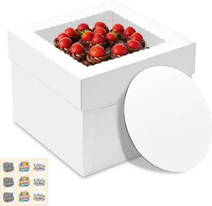 3 Pack Cake Boxes 10x10x8 Inches Tall, Square Bakery Box with Window, White Cake Box with Boards for Birthday Wedding Cookie Treat USA