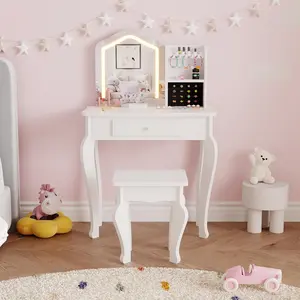 GAOMON Kids Vanity with Lighted Mirror, Little Girl Vanity and Stool, Toddler Makeup Table Set and Makeup Playset for 3-8 Girls,White