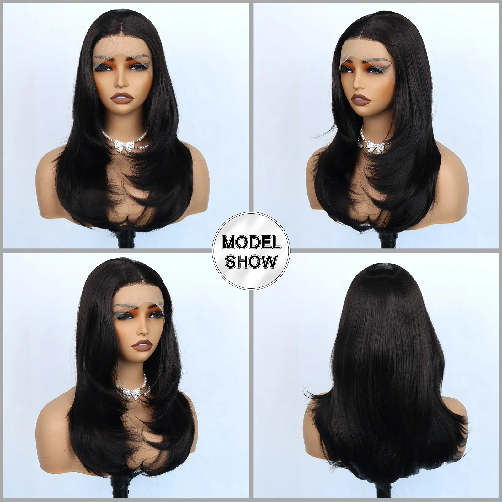 22" Layered Straight 13x4 Transparent Lace Frontal Wig Natural Black Glueless Wigs for Women Heat Resistant Synthetic Hair Pre Plucked Natural Hairline C Curl Feathered Cut Blowout Wigs