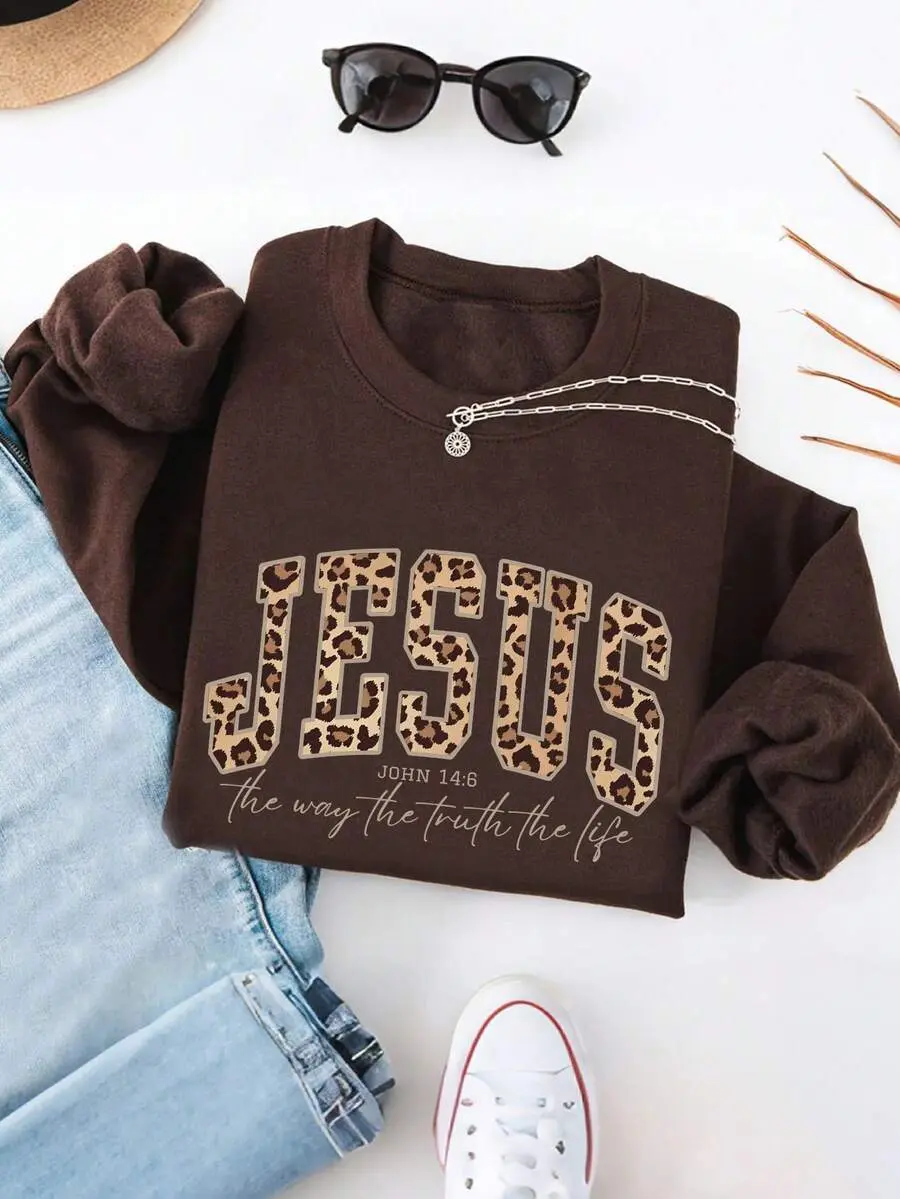 Women's Jesus Regular Round Neck Sweatshirt, Dark Brown Leopard Print Bible Verse Pullover with Printed Text, The Way The Truth The Life Christian Faith Streetwear, Autumn Back-to-School Gift