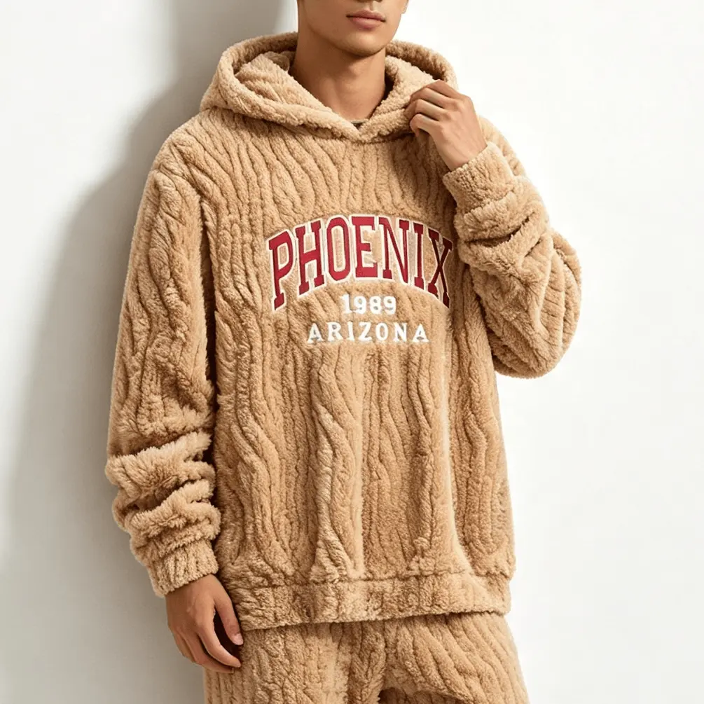 Men's 1989 Phoenix Arizona Pullover Hoodie - Fur-Trimmed, Retro Lettering Printed, Loose-Fit, Medium Length Polyester Clothes, Cold Wash, Warm Casual Street Top for Young Men's Autumn-Winter Outfits, Retro Print