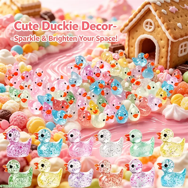 Tiny Resin Figures, 30 Pcs Multicolor Transparent Glitter Ducks for Fairy Garden & Dollhouse Crafts