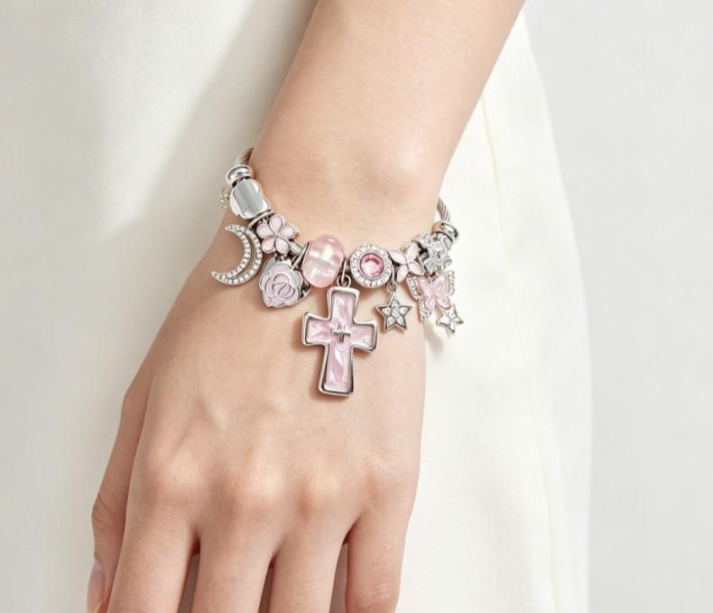 Pink Cross Charm Adjustable Cuff Bangle, Silver Plated Cable Wire Bracelet with Moon Star Butterfly Flower Crystal Charms, Religious Dainty Wrist Jewelry Gift for Women Teen Girls