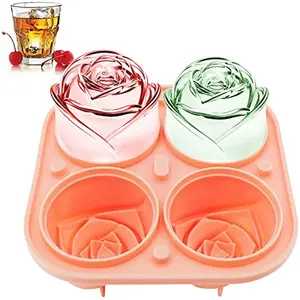 Rose Ice Mold Large Cube Tray, Create 4 Cute Flower Shape Ice Cubes, Flexible Silicone Rubber Fun Ball Maker for Cocktails Juice Whiskey Home Bar Accessories, Ice Ball Trays