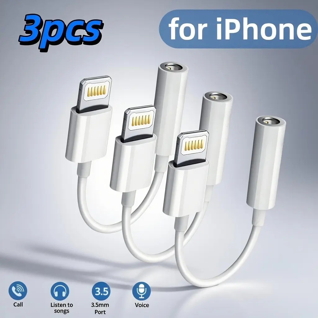3-Pack Lightning to 3.5mm Audio Adapter, Earphone Converter for Apple Devices, Line Control for Music and Calls, Compatible with Lightning Port Phones