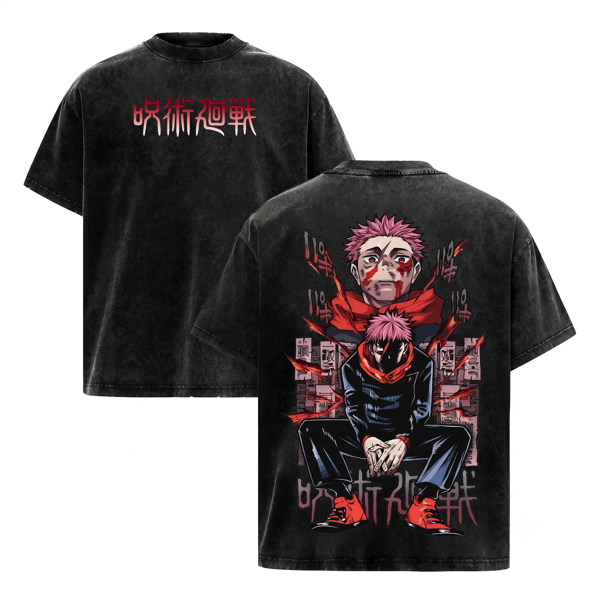 Jujutsu Kaisen Culling Game Movie Yuji Itadori Shortleeve Graphic T-Shirt - Washed Vintage Oversized Heavy Cotton Double Printed Vessel Edition, Relaxed Cut Unisex Retro Streetwear Top (Sukuna’s Vessel Awakening), Shortsleeve, Graphic T Shirts
