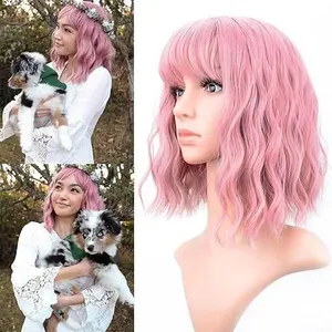 Pastel Wavy Wig With Air Bangs Women's Short Bob Purple Pink Wigs Curly Wavy Shoulder Length Pastel Bob Wigs Synthetic Wig for White Women Girls Daily Use Colorful Wigs(12", Purple Pink) Pastel Wavy Short Bob Synthetic Wig