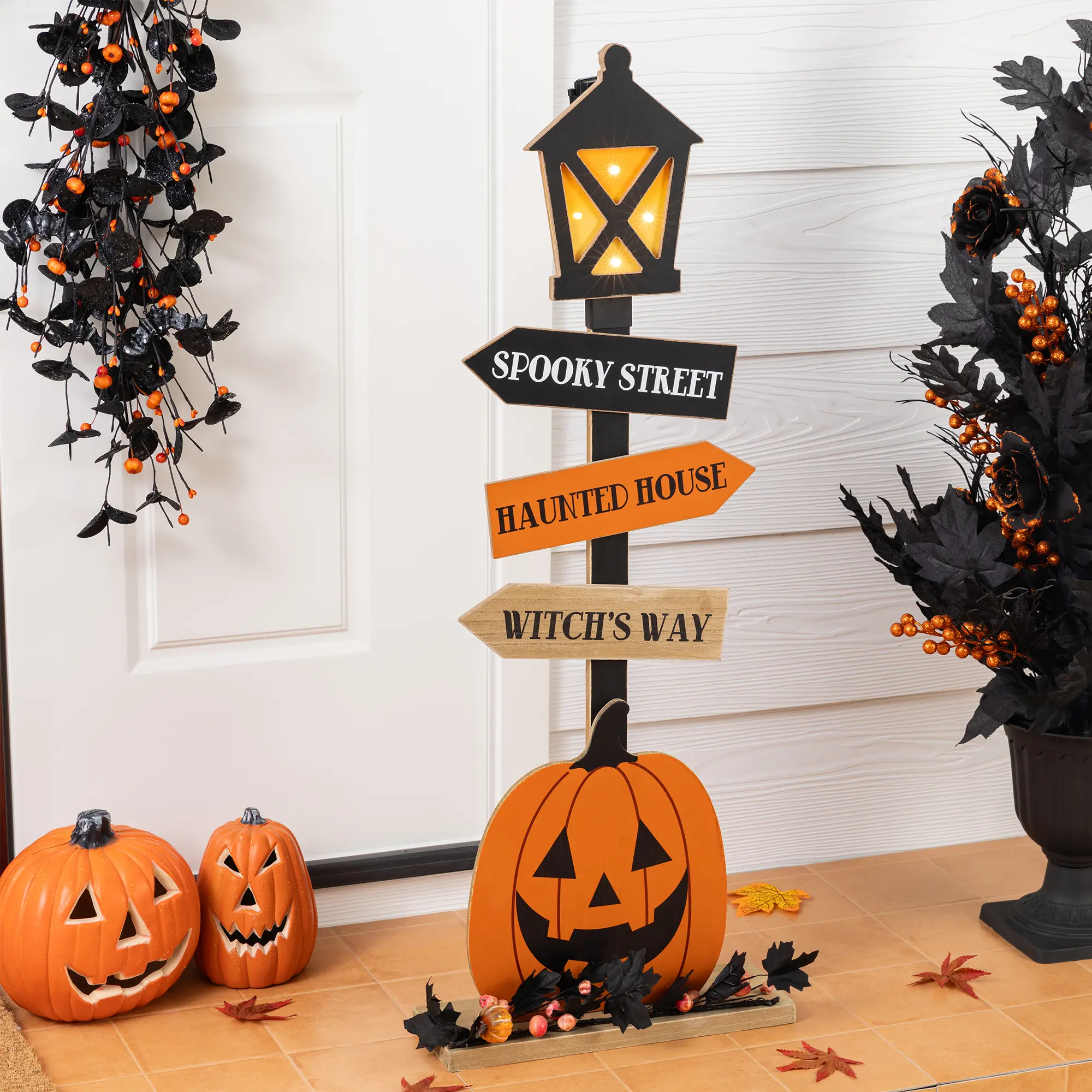 Glitzhome 36"H Spooky LED Light Up Wooden Jack-O-Lantern Lamp Post (KD) - Novelty Lighting, 6/18h Auto Timer, Door Mount Porch Decoration, Halloween Aesthetic Party Decor, Home Supplies, Party Decoration