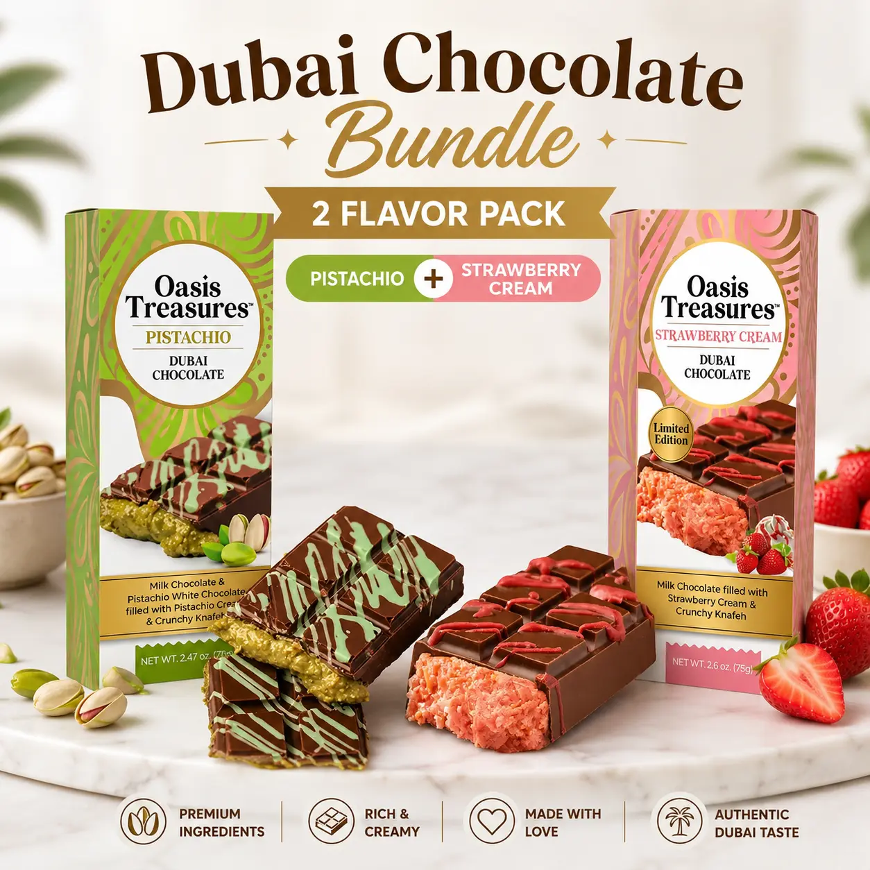 Oasis Treasures Dubai Chocolate Bundle - 2 Flavor Pack Pistachio & Strawberry Cream - Premium Ingredients Rich & Creamy Authentic Dubai Taste