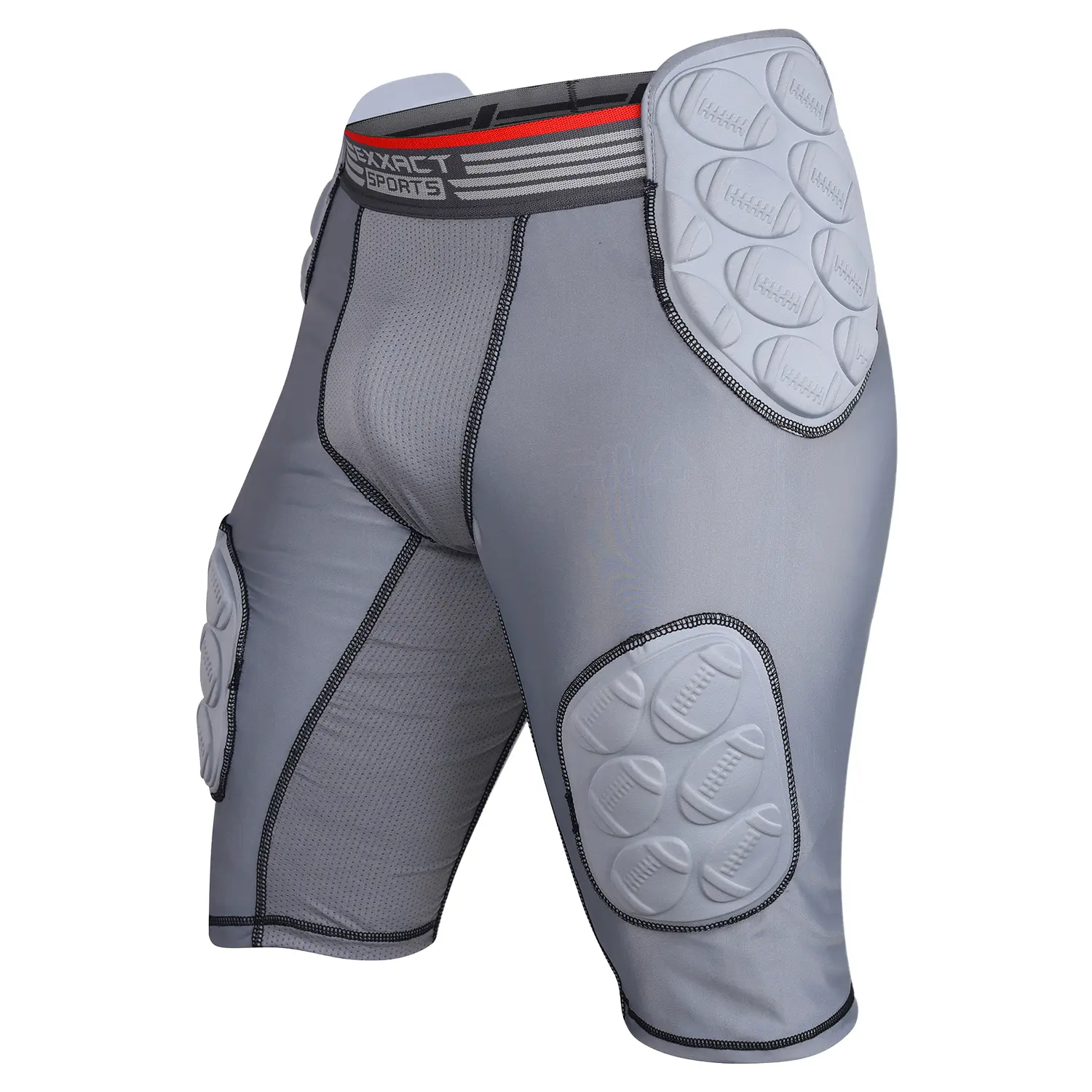 Exxact Sports Men's Football Girdle, Polyester Mix Compression Shorts with 5 Integrated Hip Pads, Cup Pocket, and Ventilated Mesh for Training, Padded Zones, Compression Wear, Tailbone Pads, Imported, Elastic, 12% Spandex, Short Length