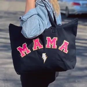 Mama chenille letter patch tote bag travel bag for moms zippered work tote