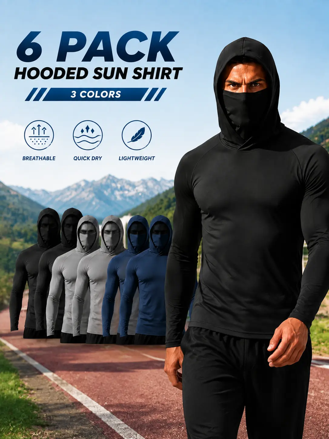 ¡Dale! 6 Hooded Sun Shirts. Built-in mask, dries fast & stretches freely. Perfect for fishing, gym, construction, or trails. 6 shirts, insane price! ¡Aprovecha!