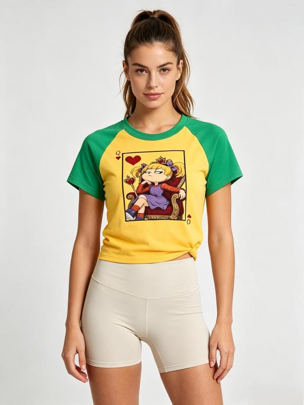 Women's Fitted Cotton Blend Quick Dry Color Block Raglan Cropped Crew Neck Short-Sleeve Sporty Chic Female Gym Workout Top - Cartoon Queen Card Graphic Sport Lover Apparel