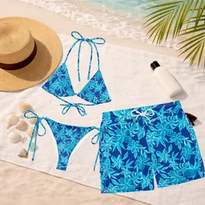 Midnight Tropical Floral Matching Swimwear 2026, Women's String Bikini & Men's Swim Trunks, Blue Hawaiian Couple Swimsuits, Summer Beachwear, Honeymoon Vacation Outfit