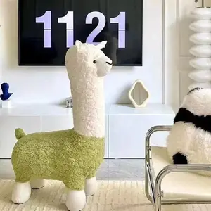 39 inch Green Cute Alpaca Side Chair Upholstered Alpaca Stool Lamb's Fleece Fabric Footrest Animal Change Shoe Footstool