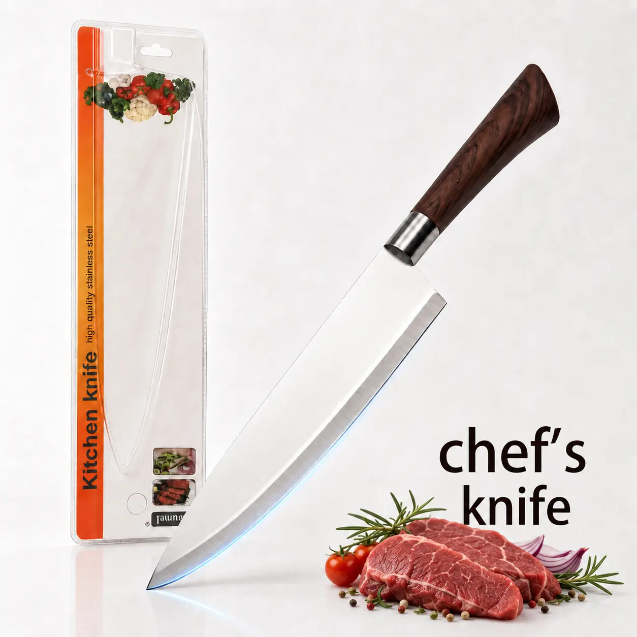 Professional Chef's Kitchen Knife, 9CR18 Steel Cleaver with ABS Wood Grain Handle. Multi-functional kitchen tool suitable for cutting meat and vegetables, a must-have for home cooking.