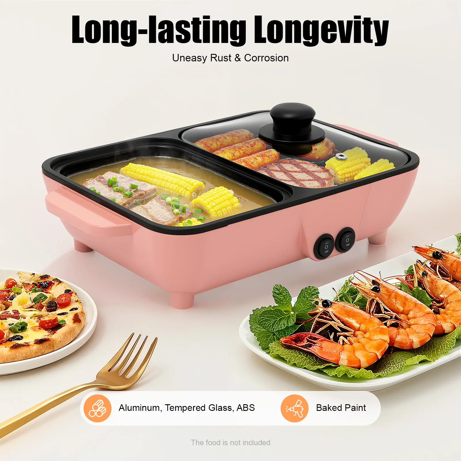 2-in-1 Modern Rectangular Aluminum Tabletop Electric Hot Pot & Grill, Nonstick, Dual Temperature Control, 1200W Indoor BBQ Cooking Cooker for Home Kitchen with Tempered Glass Lid