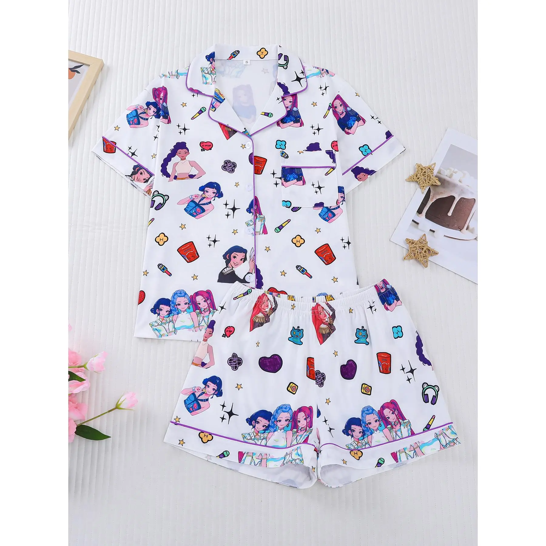 Girls Pink Cartoon Princess Print Pajama Set Lapel Short Sleeve Button Down Top Elastic Waist Shorts Kids Soft Summer Loungewear # sporty short