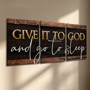 3 Pcs/Set Wooden-Framed Canvas Painting, Give It To God And Go To Sleep Triptych Canvas Wall Art, Rustic Wood Style Quote Print, Religious Decor for Living Room, Bedroom, Office Decoration, Modern Home Decor, Fashion Artistic Ornaments, Artwork