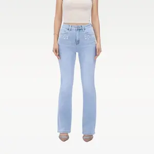 BlueMoment Bloomie Straight Leg Jeans Mid High Waist Super Stretch Bootcut Denim with Floral Embroidery Front Pockets Distressed