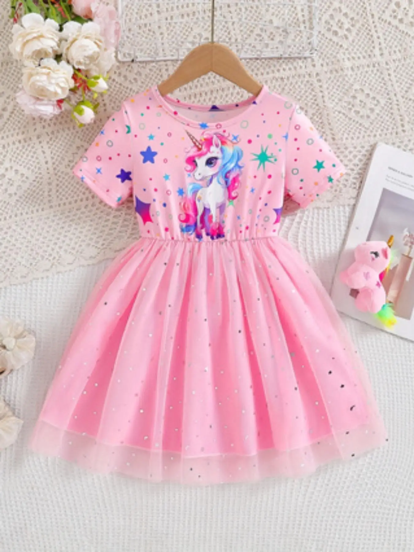 Girl's Unicorn Print Dress, Cute Short Sleeve Dress for Party Holiday, Kids Summer Clothes