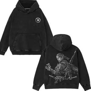 Jin Sakai Ghost of Tsushima Acid Washed Graphic T-Shirt Hoodie Sweatshirt Vintage Gaming Retro Samurai Black Cotton Casual Streetwear