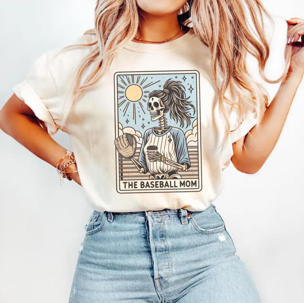 Baseball Mom Tarot Card T-Shirt – Skeleton Baseball Mama Graphic Tee, Mother’s Day Gift, Soft Cotton Casual Tee for Women