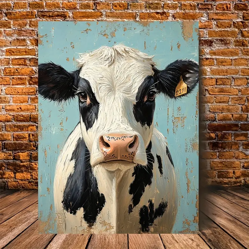 1 Piece Framed Canvas Wall Art Print - Country Wisconsin Spotted Cow (Holstein Frisian) Farmhouse Decoration, Vibrant Colors and Expressive Brushstrokes, Hand-Painted Style, Hangable Retro Country Life Art, Suitable for Kitchen, Living Room, Bedroom Decor