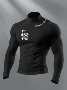 Men's High Neck Long Sleeve Slim-Fit Graphic Thermal Top, Casual H-Type Silhouette, Fall & Winter Wear, Moderate Fabric Thickness