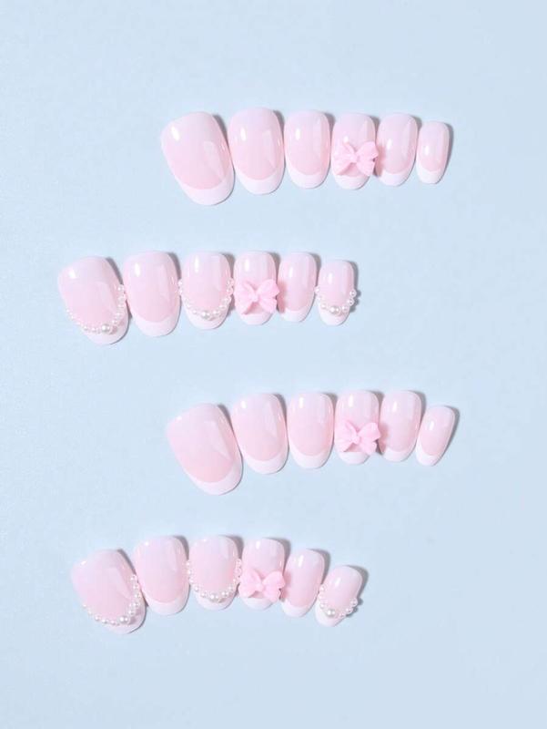 24pcs Oval Pink Bow Pearl Design White French Acrylic Short Press-On Nails Set, Includes: 1pc Jelly Gel And 1pc Nail File, French Manicure, Suitable For Women And Girls Daily Wear And Party, Nail Art Supplies