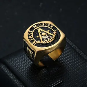 Vintage Hip Hop Freemason AG Pattern Stainless Steel Square Men's Ring Jewelry