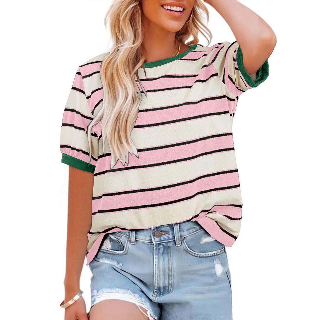 Dokotoo Women's Summer Tops 2026 Striped Color Block Short Sleeve T-Shirts Crewneck Casual Loose Basic Tee Blouses 95% C