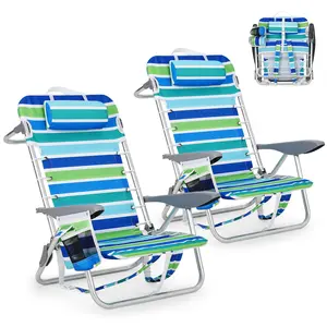 2 pcs Backpack Beach Chair for Adults Outdoor, 300 LBS Capacity Lightweight Portable Lay Flat Folding Beach Chair with 5 Positions, Phone Pocket, Backpack Straps, Cup Holder & Towel Bar