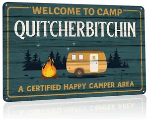 Camper Decor Sign, Camper Accessories for Inside, Camping Metal Sign Suitable for RV, Bar, Man Cave, Indoor and Outdoor on the Wall, 4 Holes for Easy Hanging,Welcome to Camp Quitcherbitchin