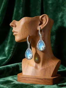 Elegant Women's 925 Silver Plated Water Lily Moonstone Pendant Teardrop Earrings, Hypoallergenic, Casual Style, Perfect for Daily Wear, Birthday Gift