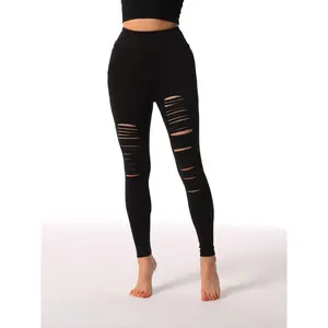 Women's Black Distressed Yoga Leggings - Buttery-Soft High Waisted Workout Pants with 4-Way Stretch |   Breathable Gym Leggings for Pilates, Running & Fitness |   Trendy Knee Rips Design