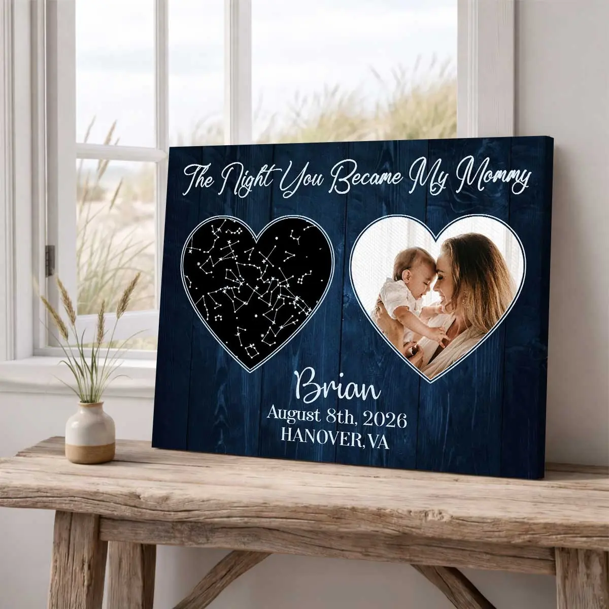 2D Flat Personalized Mother’s Day Star Map Framed Canvas Print - Pine Wood Frame, Photo Printing Home Decor Wall Art, Meaningful Gift for New Mums, Family Memory Capture for Living Room, Kid Room, Christmas All-Season Decor