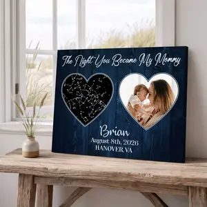 2D Flat Personalized First Mother’s Day Star Map Canvas - Framed Home Decor Wall Art, Custom Photo Gift for New Mums, Captures Family Memories for Living Room Bedroom Decoration
