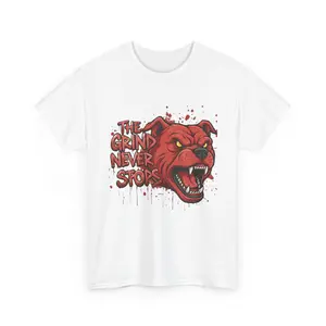 The Grind Never Stops Pitbull Head T-Shirt | Red Aggressive Dog Graphic Tee