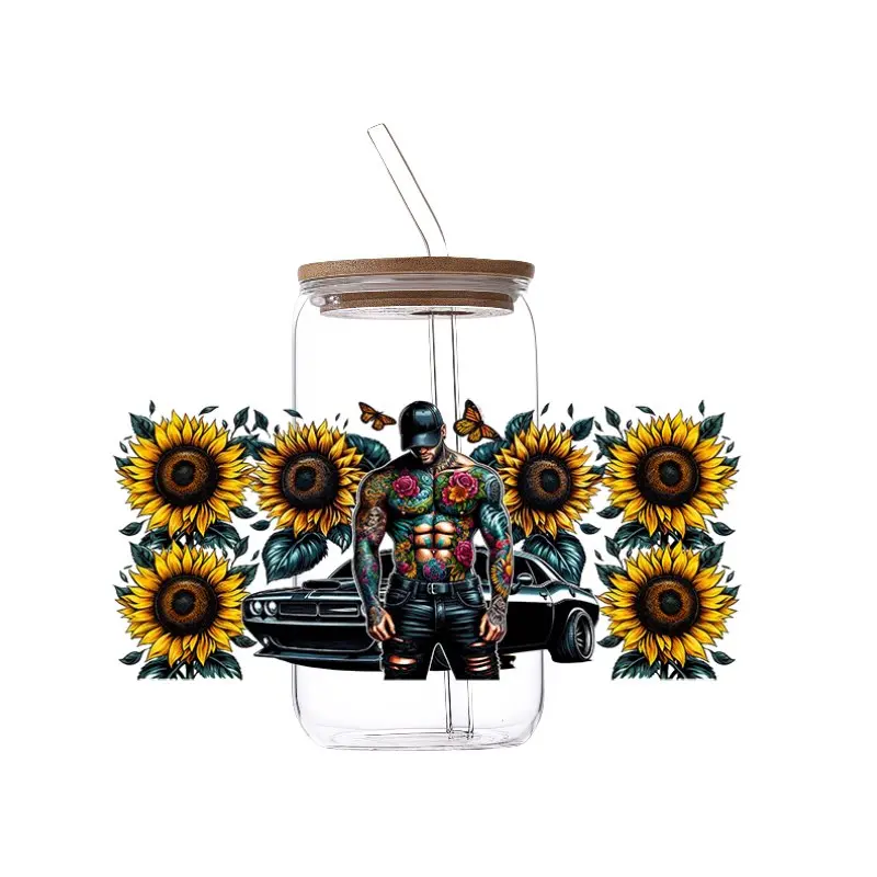 Tattoo Biker Man Sunflower Rose UV DTF Cup Wraps, Motorcycle Man Floral Transfer Stickers, Waterproof Cold Apply Decals For 16oz Libbey Glass Tumbler