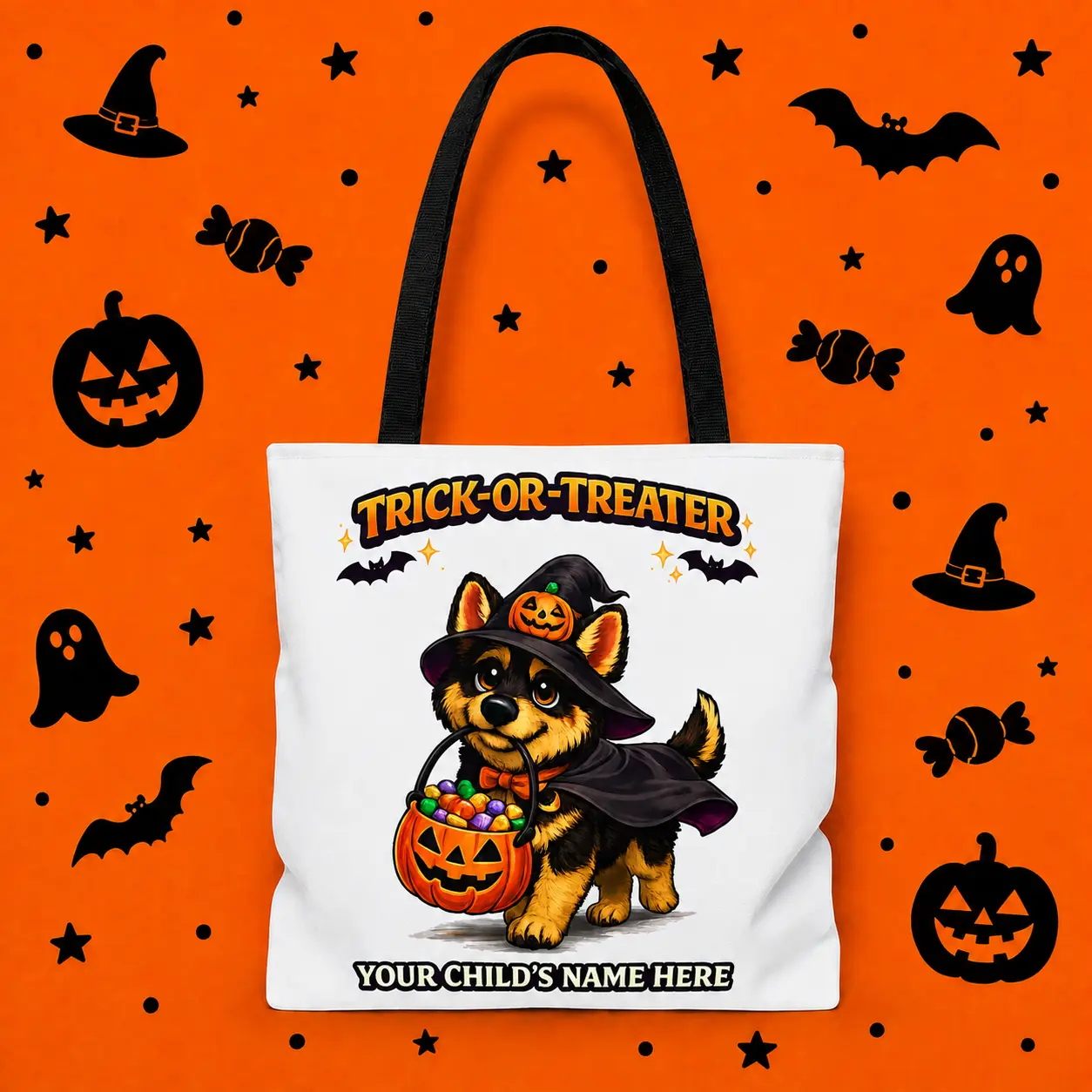Personalized German Shepherd Halloween Trick or Treat Tote Bag, Custom Kids Candy Bag
