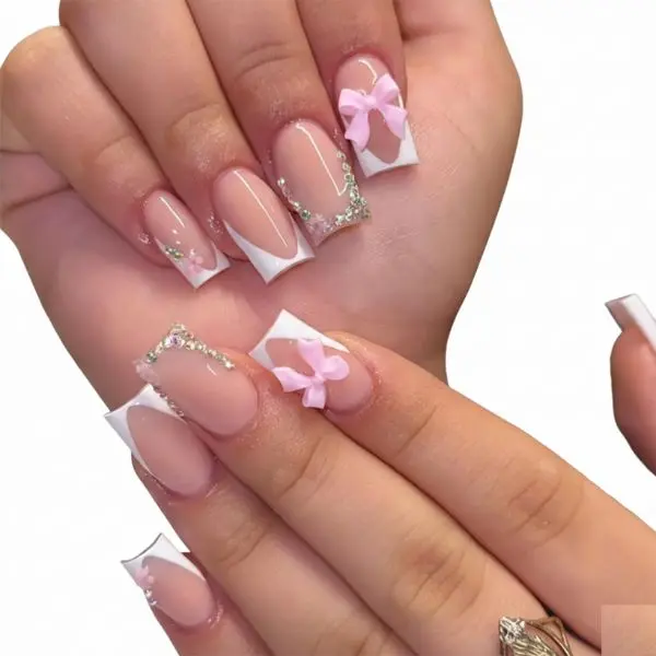 Name 24pcs White French Tip Press-On Nails Short Square Fake Nails with Rhinestones Pink Flower Bow Design Acrylic Glue-On False Nails for Women DIY Easter Birthday Gift