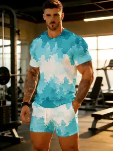 summer collection Men's shorts and short-sleeve set two-piece set 3D full-frame printing Blue White Cloud Pattern Print loose and breathable Casual sports, trendy and versatile short sleeve T-shirt, shorts Round neck sports training men's 2 pieces