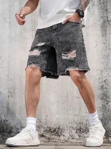 Men's Loose Ripped Denim Jean Shorts, Classic Fringed Hem Design, Street Style Streetwear Shorts, Suitable for Daily Summer Wear, Trendy Fit & Unique Design